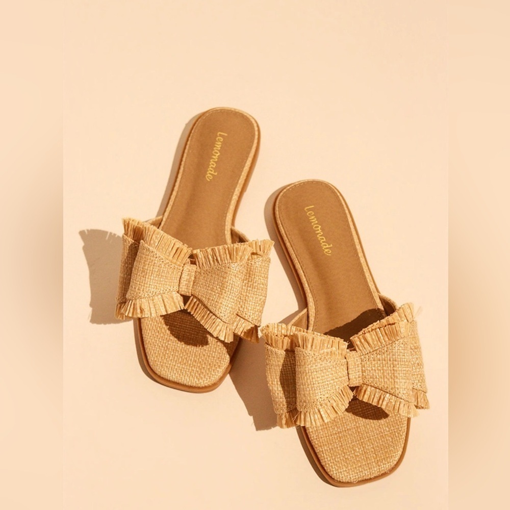 NEW | Lemonade Raffia Bow Summer Sandals Raffia Beach Slide Summer Flats - Picture 2 of 6